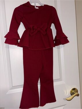 SHEIN Burgundy Knit Bow Peplum Top & Flared Pants Kids Matching Set